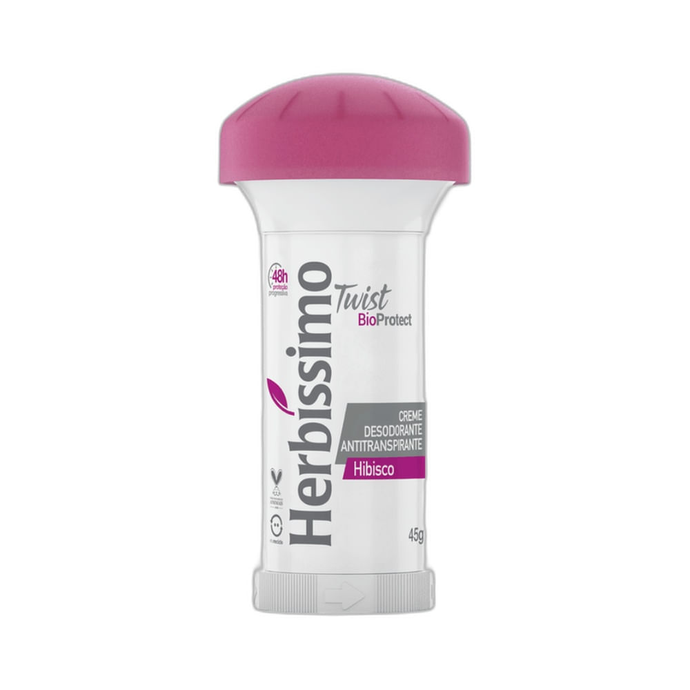 Desodorante creme Herbíssimo Twist Hibisco 45g em embalagem branca com tampa rosa